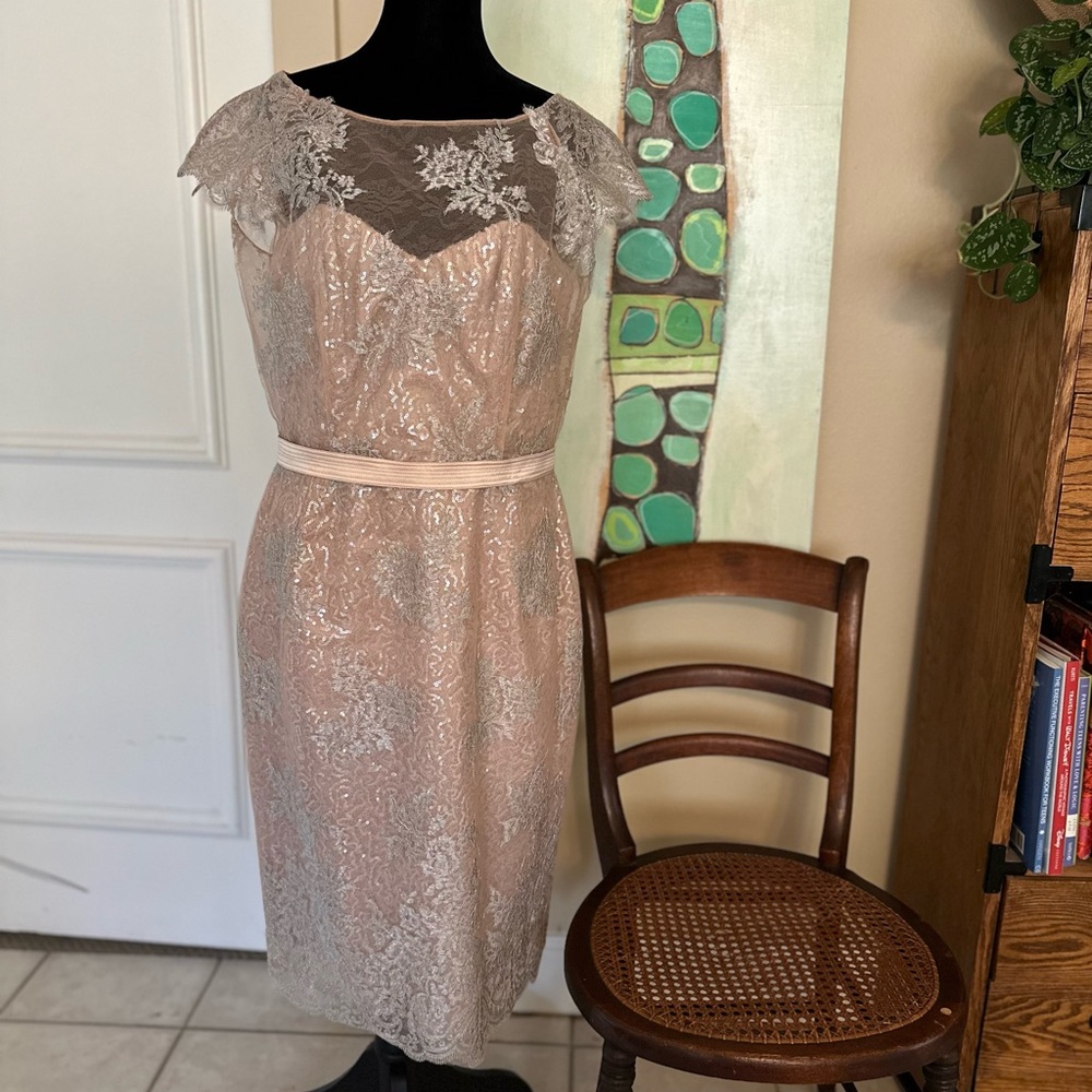 Pink and Gold Sequin Embellished Sheath Midi Dress